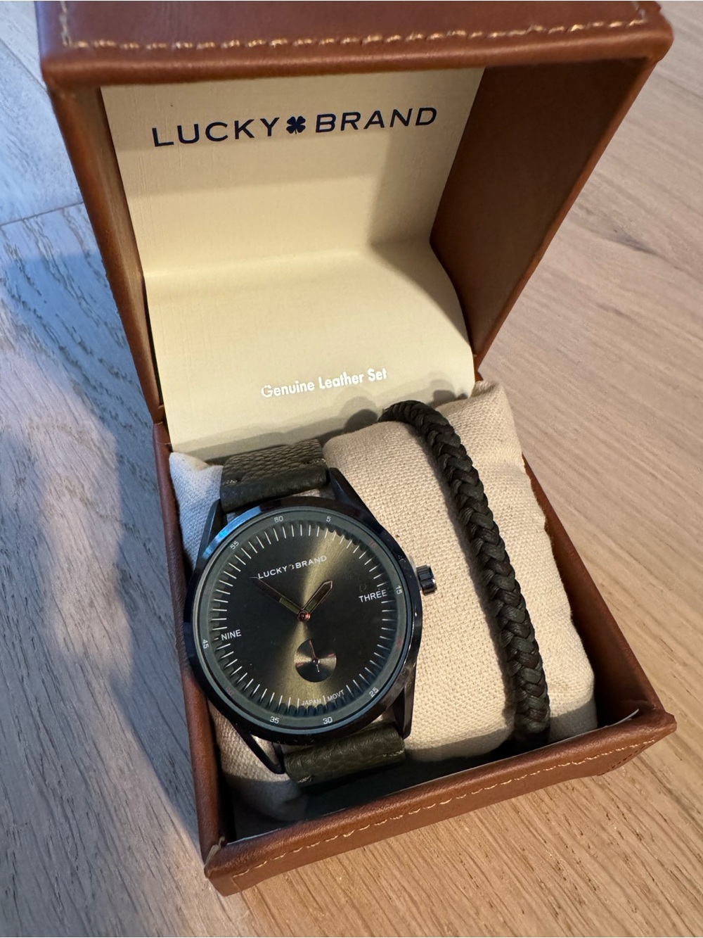Lucky Brand Olive Green Leather Watch with Black Dial and Braided Bracelet